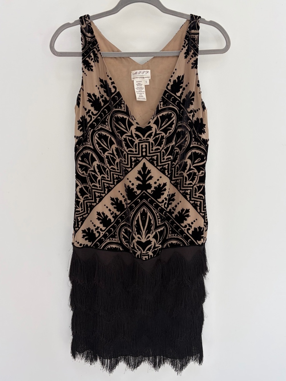 1920s Inspired Velvet & Fringe V-Neck Cocktail Dress - Black on Tan Small